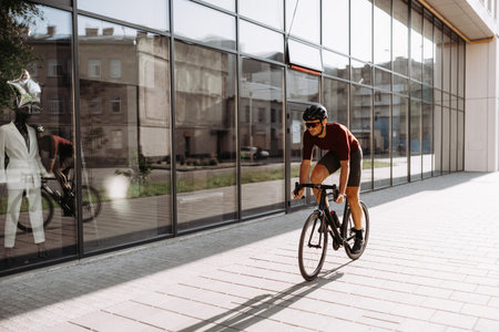 Active caucasian man in safety helmet and mirrored glasses practicing in cycling on city street. Professional cyclist spending free time for regular training.の写真素材