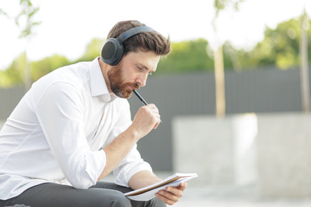 Serious man touching lips and looking on notepad in hand with thoughtful facial expression. Handsome manager in headphones sitting in urban area while generating new ideas.の写真素材