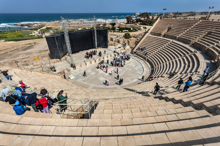 Caesarea Maritima National Park, tourists visiting the roman theater