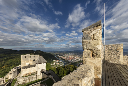 View from count Frederic's tower on castle and town Celje, Sloveniaのeditorial素材