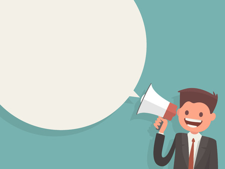 The concept of the ad. A man with a megaphone and a speech bubble. Vector illustration in a flat style.のイラスト素材