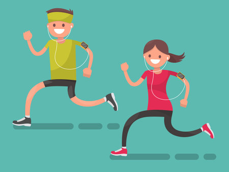 Runners man and woman jogging. Vector illustration in a flat style.のイラスト素材