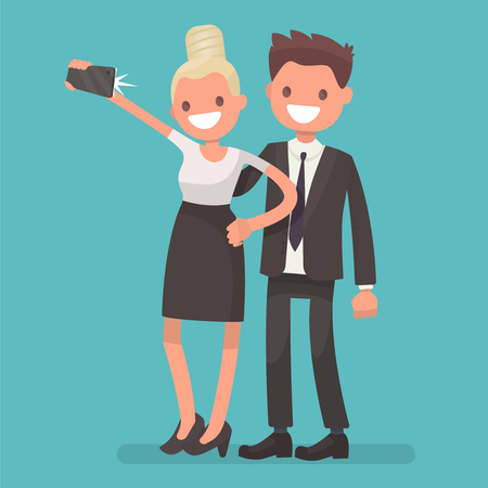 Office workers, a man and a woman make selfie. Vector illustration in a flat style