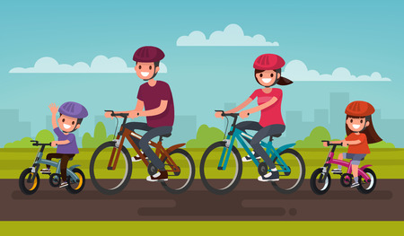Active family vacation. Father mother, son and daughter are riding on bicycles in the park. Vector illustration of a flat designのイラスト素材