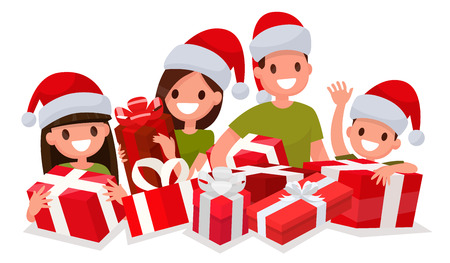 Happy family with New Year gifts. Element for decoration of Christmas sales. Vector illustration of a flat designのイラスト素材