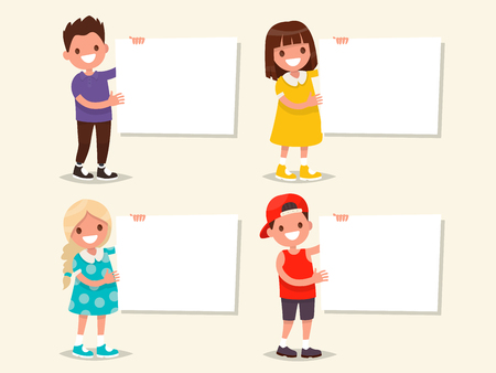 Set of templates. Children hold a board. Vector illustration of a flat designのイラスト素材