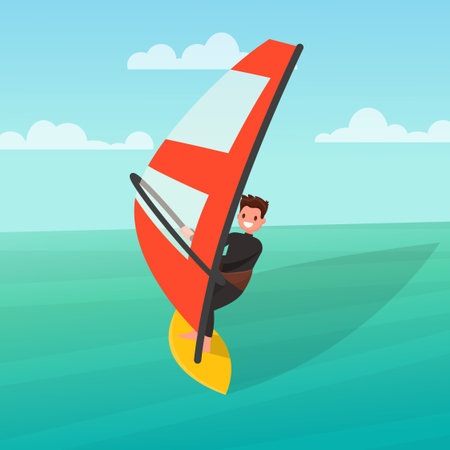 Man is engaged in windsurfing. Vector illustration of a flat designのイラスト素材