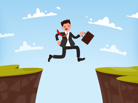 Concept of overcoming obstacles to work. Businessman jumps open. Vector illustration of a flat designのイラスト素材