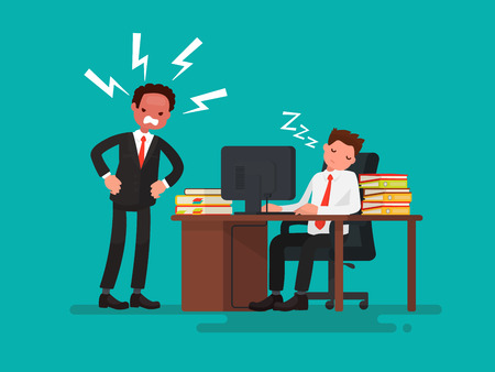 Tired office worker asleep at a desk next to it is an angry boss. Vector illustration of a flat designのイラスト素材