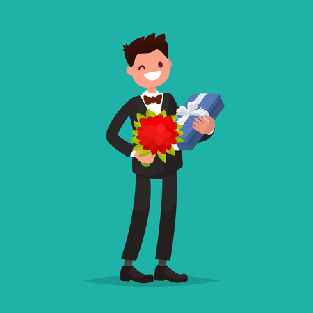 Smiling man wearing a suit with a bouquet of roses and a gift. Vector illustration of a flat designのイラスト素材