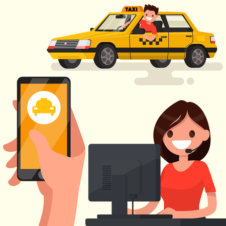 Order a taxi through the app on your phone. Vector illustration of a flat designのイラスト素材