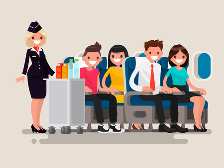 Flight attendant serving drinks to passengers on board of the aircraft. Vector illustration of a flat designのイラスト素材