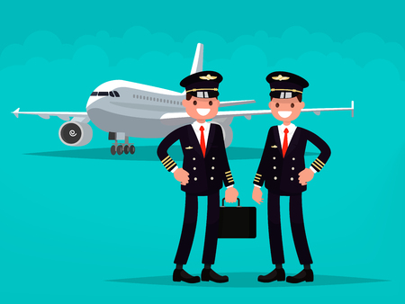 Two pilots on the background of the aircraft. Vector illustration of a flat designのイラスト素材
