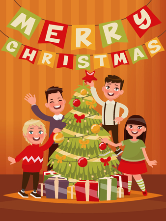 Merry Christmas and Happy New Year. Children decorate the Christmas tree. Vector illustrationのイラスト素材