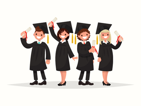 Group of university graduates in black gowns. Vector illustration of a flat designのイラスト素材