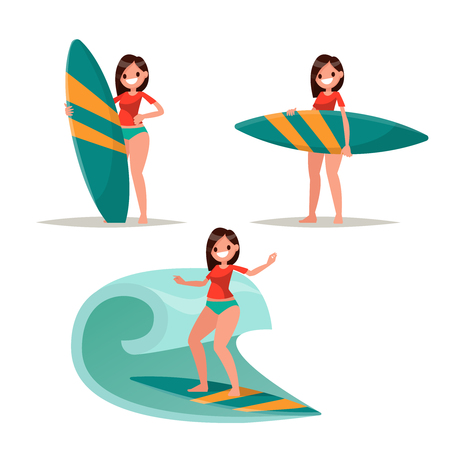 Set surfer girl. Posing with surfboard, riding on the waves. Vector illustration of a flat designのイラスト素材