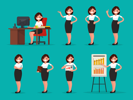 Set woman office worker in various situations. Vector illustration of a flat designのイラスト素材