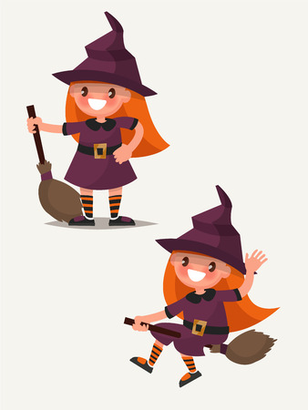 Little cute witch is standing with broom and flying on a broom. Vector illustration of a flat designのイラスト素材