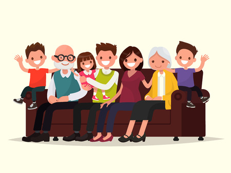Big family sitting on the sofa. Grandfather, grandmother, father, mother and children. Vector illustration of a flat designのイラスト素材