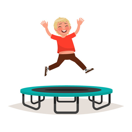 Happy boy jumping on a trampoline. Vector illustrationのイラスト素材