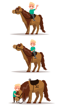 Set boy with a horse. Boy riding on horseback. Boy hugging a horse. Vector illustration of a flat designのイラスト素材