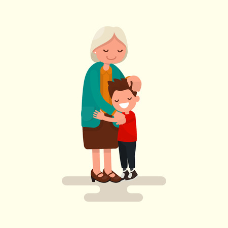 Grandson hugging his grandmother. Vector illustration of a flat designのイラスト素材