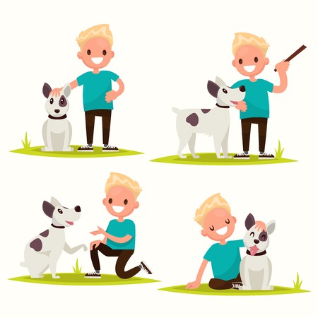 Set of characters. Boy with his beloved dog. Vector illustration of a flat designのイラスト素材