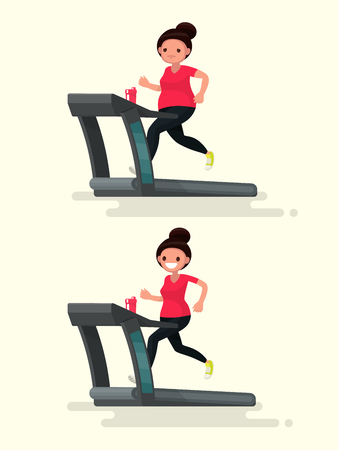 Before and after. Obese woman runs on a treadmill, and she after losing weight. Vector illustration of a flat designのイラスト素材