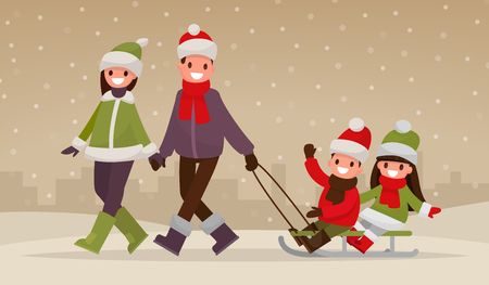 happy family walking outdoors in winter. Parents  are carry children on a sled. Vector illustration of a flat designのイラスト素材