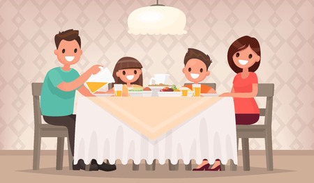 Family meal. Father mother, son and daughter together sit at the table and have lunch. Vector illustration in a flat styleのイラスト素材