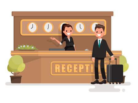 Registration of a hotel room. Businessman with a suitcase about the reception desk. Vector illustration in a flat styleのイラスト素材