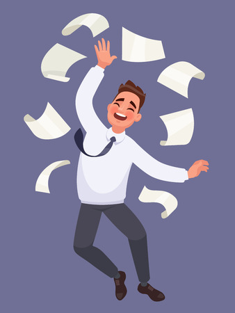 Great success in the work. Office worker joy  jumped up and throws  paper. Vector illustration in a cartoon styleのイラスト素材