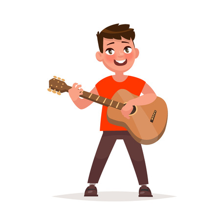 Boy is playing the guitar. Musical performance. Vector illustration in cartoon styleのイラスト素材