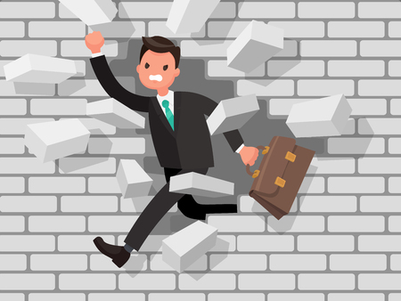 Man is breaking a wall. The concept of overcoming obstacles in business, strong will and motivation.のイラスト素材
