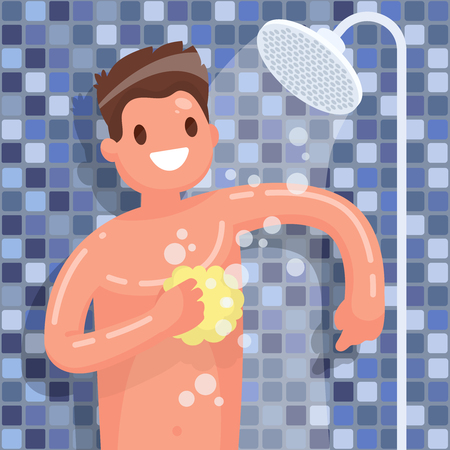 Man washes in the shower in the bathroom. Vector illustration in a flat styleのイラスト素材