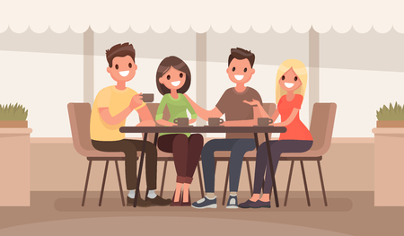 Friends are sitting at a table in a summer cafe. Vector illustration in a flat styleのイラスト素材