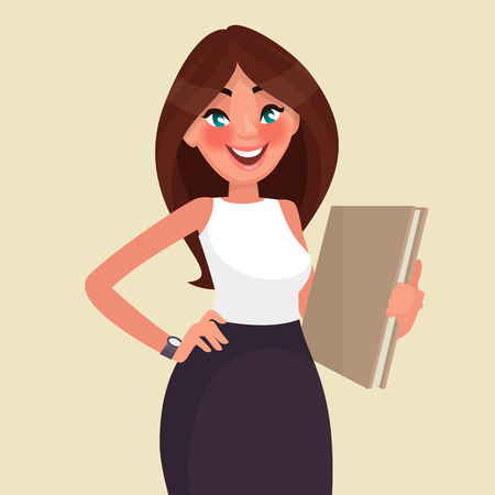 Beautiful business woman with a folder in her hands. Vector illustration in cartoon styleのイラスト素材