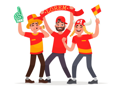 Guys fans cheer for their soccer team. Vector illustration in cartoon style.のイラスト素材