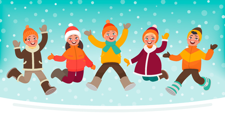 Happy children jumping on a winter background. Vector illustration in cartoon styleのイラスト素材