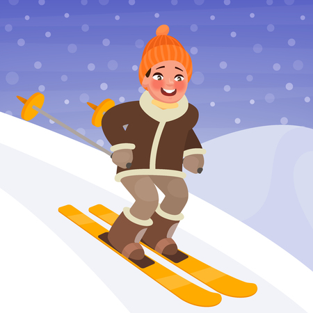 Boy is skiing from the mountain. Winter sports and outdoor activities. Vector illustration in cartoon styleのイラスト素材