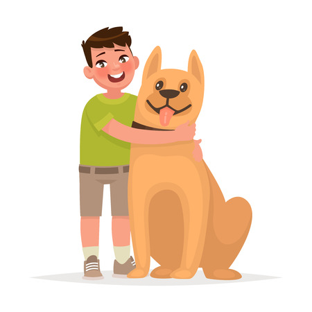 Cute boy hugging a dog on a white background. Friendship. Vector illustration in cartoon styleのイラスト素材