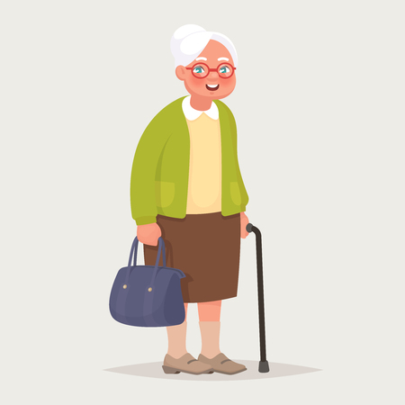 Grandmother wearing glasses. An elderly woman with a bag and a cane in her hands. Vector illustration in cartoon styleのイラスト素材