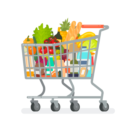 Grocery cart from the supermarket with products. Vector illustration in a flat styleのイラスト素材