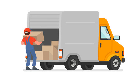 The loader unloads the goods from the truck. Delivery service. Moving. Vector illustration in a flat styleのイラスト素材