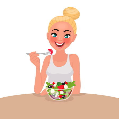 Happy woman is eating a salad. Vegetarian. The concept of proper nutrition and healthy lifestyle. Vector illustration in cartoon styleのイラスト素材