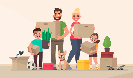 Happy family and moving to a new home. Buying a new house or apartment. Vector illustration in cartoon styleのイラスト素材