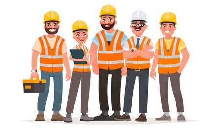 Builders dressed in protective vests and helmets. Workers at the construction site. Vector...
