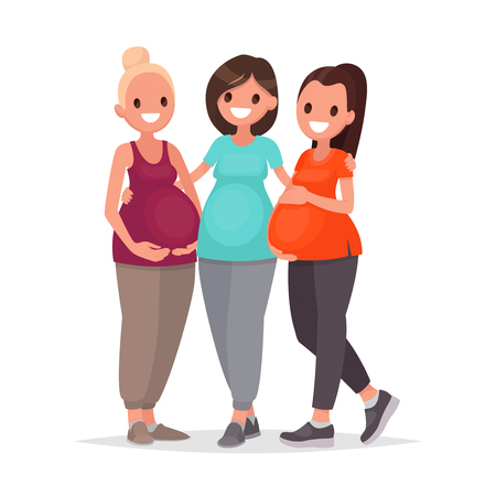 Group of pregnant women are embracing standing on a white background. Courses expectant mothers. Waiting for the baby. Vector illustration in flat styleのイラスト素材
