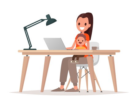 Young mother sits with a baby and works at a laptop. Mother freelancer, remote work at home and raising a child. Vector illustration in flat styleのイラスト素材