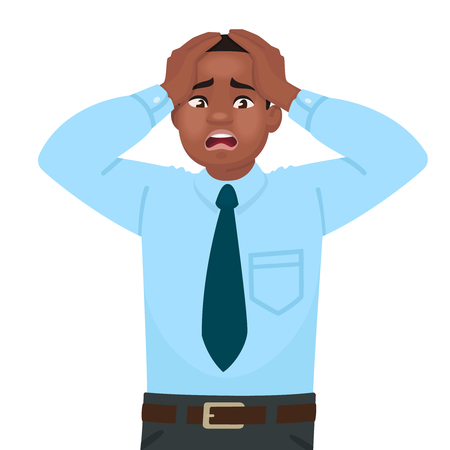 Stress and anxiety at work. An African American male office worker is alarmed. Headache. Problems in business. Vector illustration in cartoon styleのイラスト素材